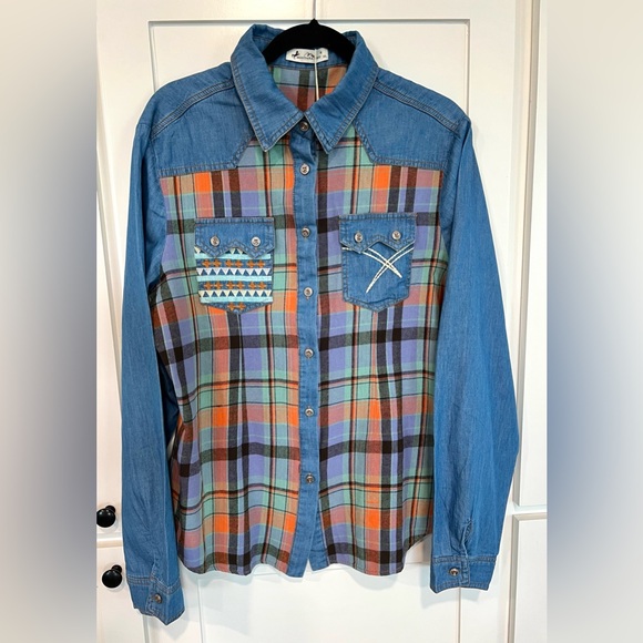 Montana West Tops - Montana West Women's Blue and Orange Plaid Denim Shirt NWT